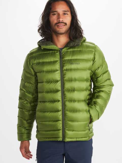 Front view of Marmot men's packable puffer jacket in light green