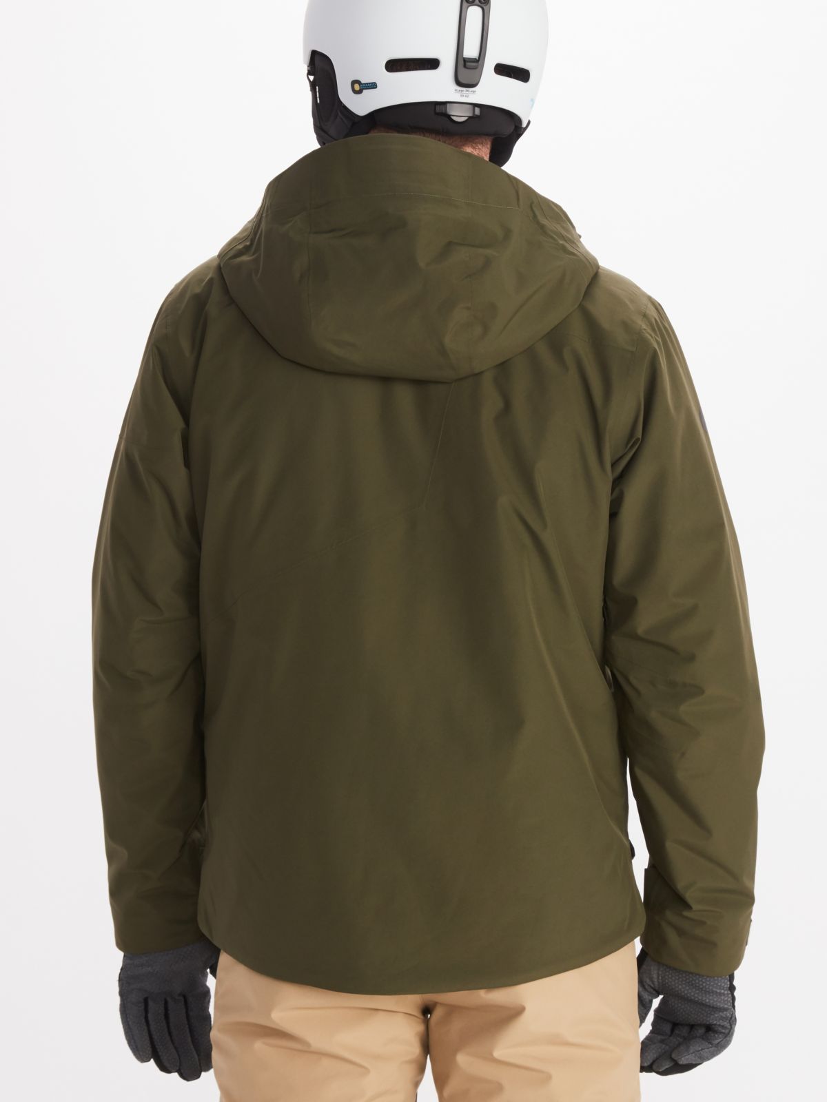 back view of Marmot mens ski jacket in dark green