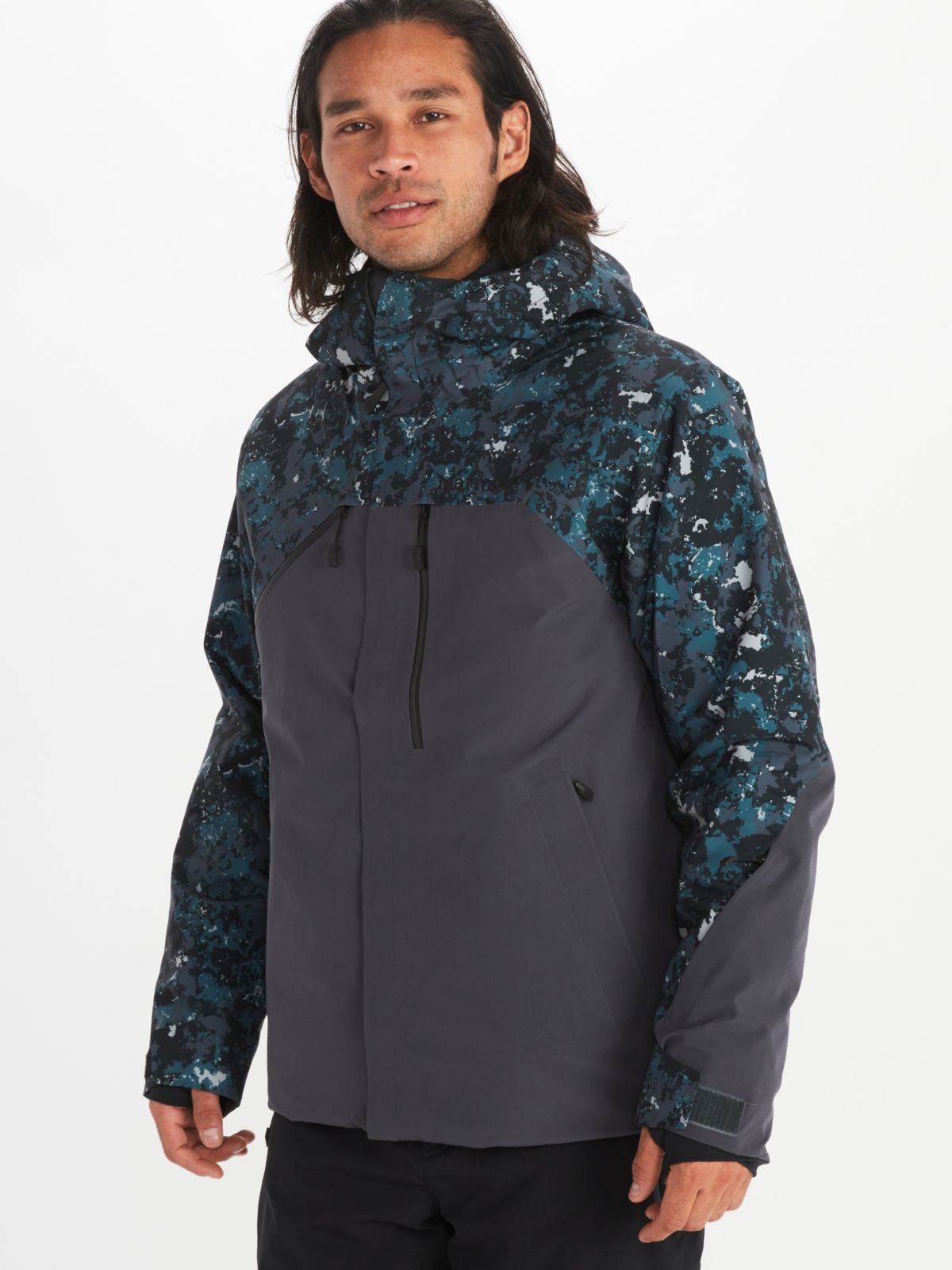 man wearing torgon jacket in snow ridge camp and dark steel