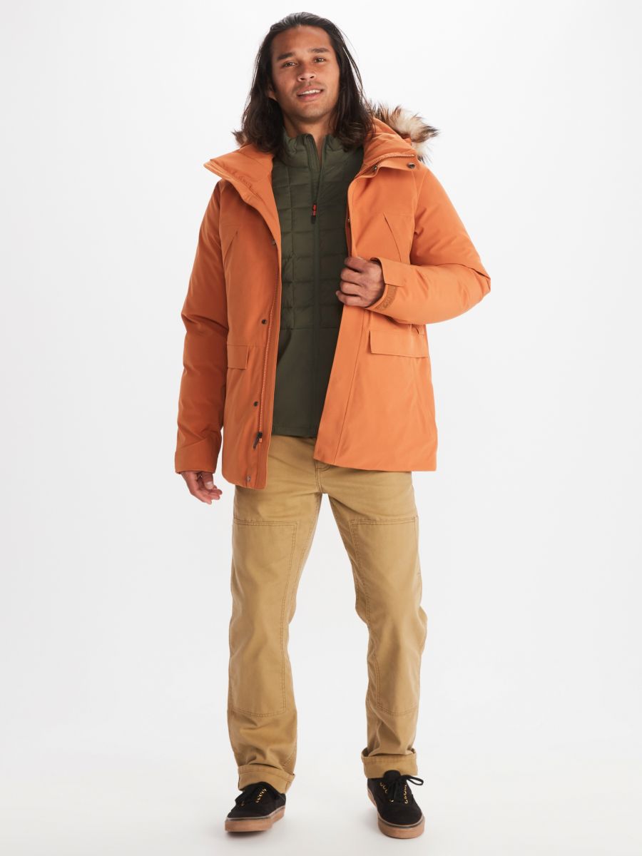 male model wearing assorted outdoor clothing for cold weather