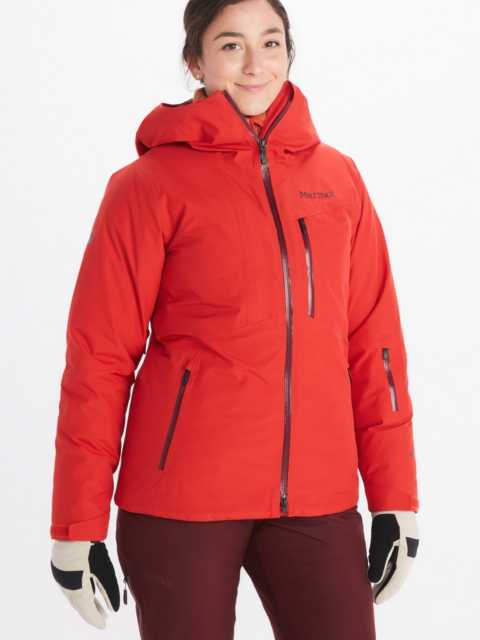 Model in Marmot women's full zip jacket iwith attached hood and multiple zippered pockets