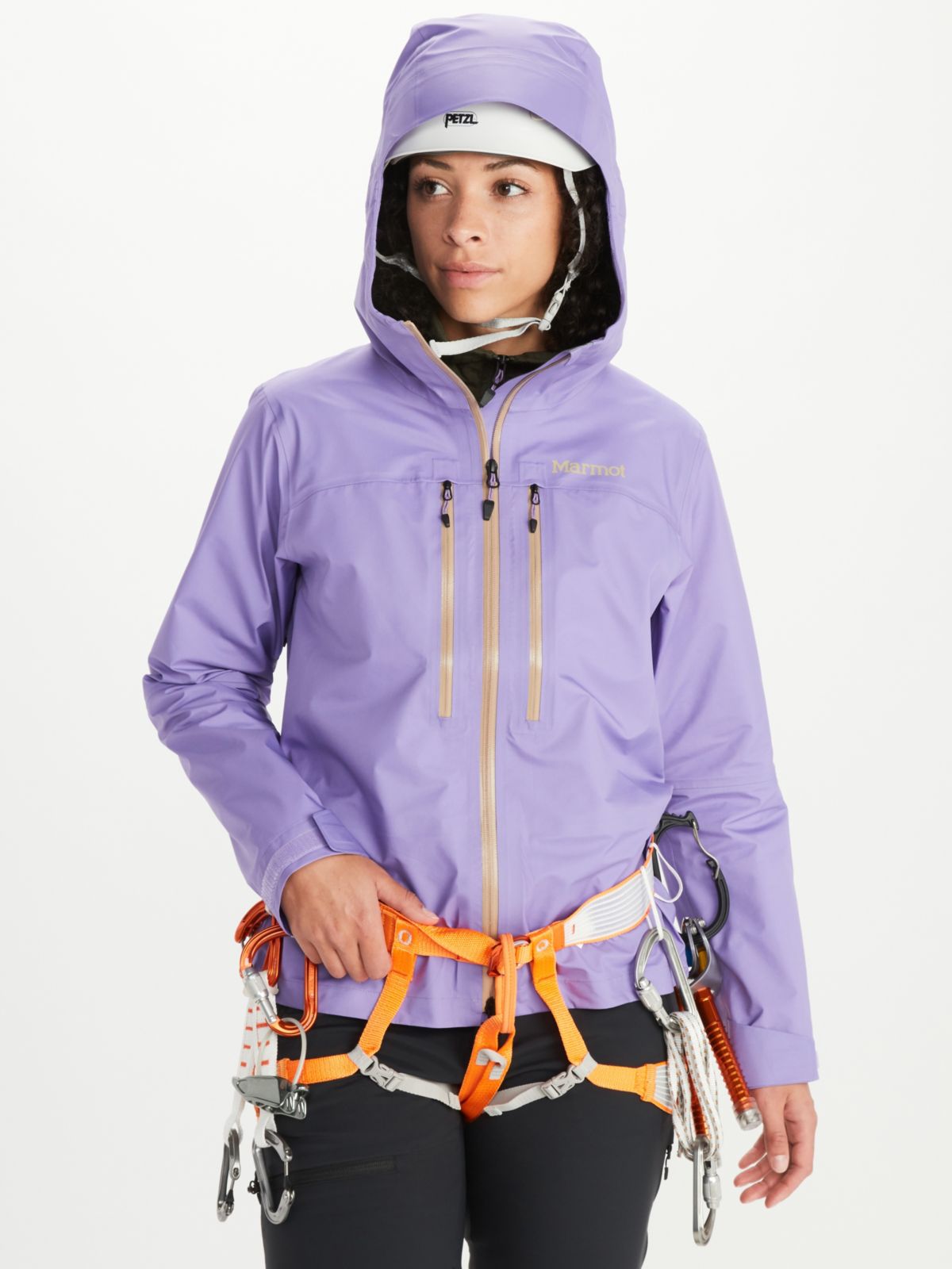 climber modeling light jacket with hood