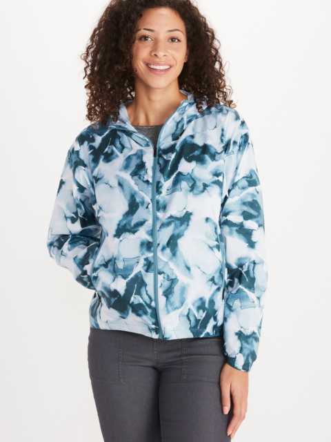 blue dye pattern jacket on model front view