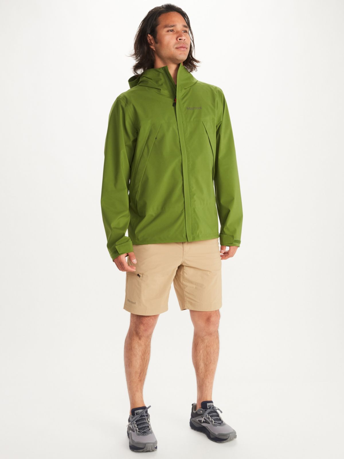 model wearing hiking jacket and hiking bottoms