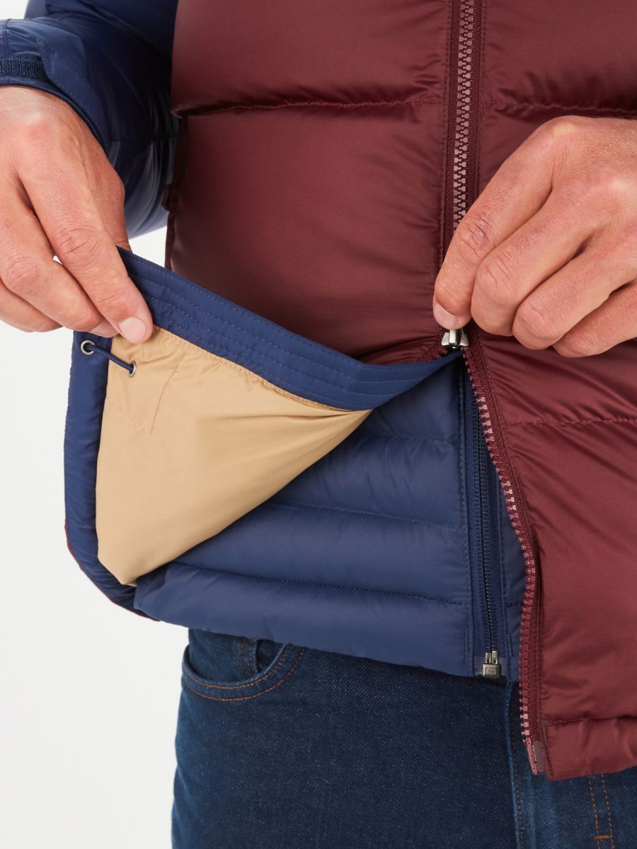 zipper on blue and red mens puffer jacket