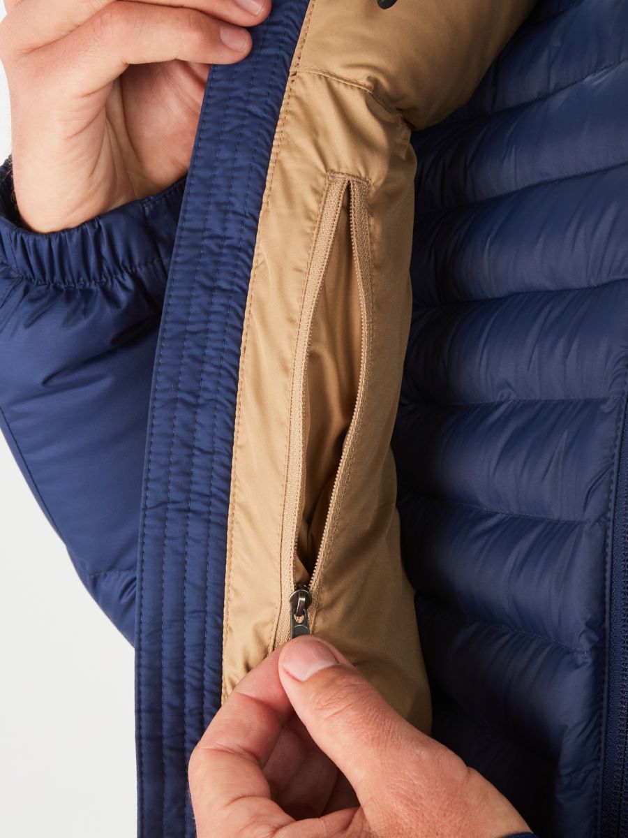 inside pocket of blue mens puffer jacket
