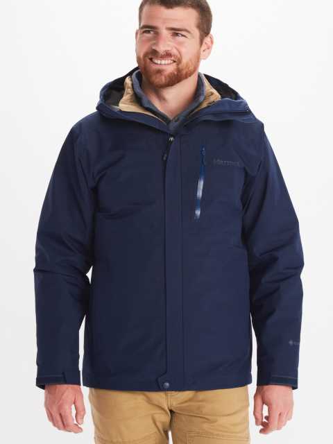 Man in blue insulated coat with hood