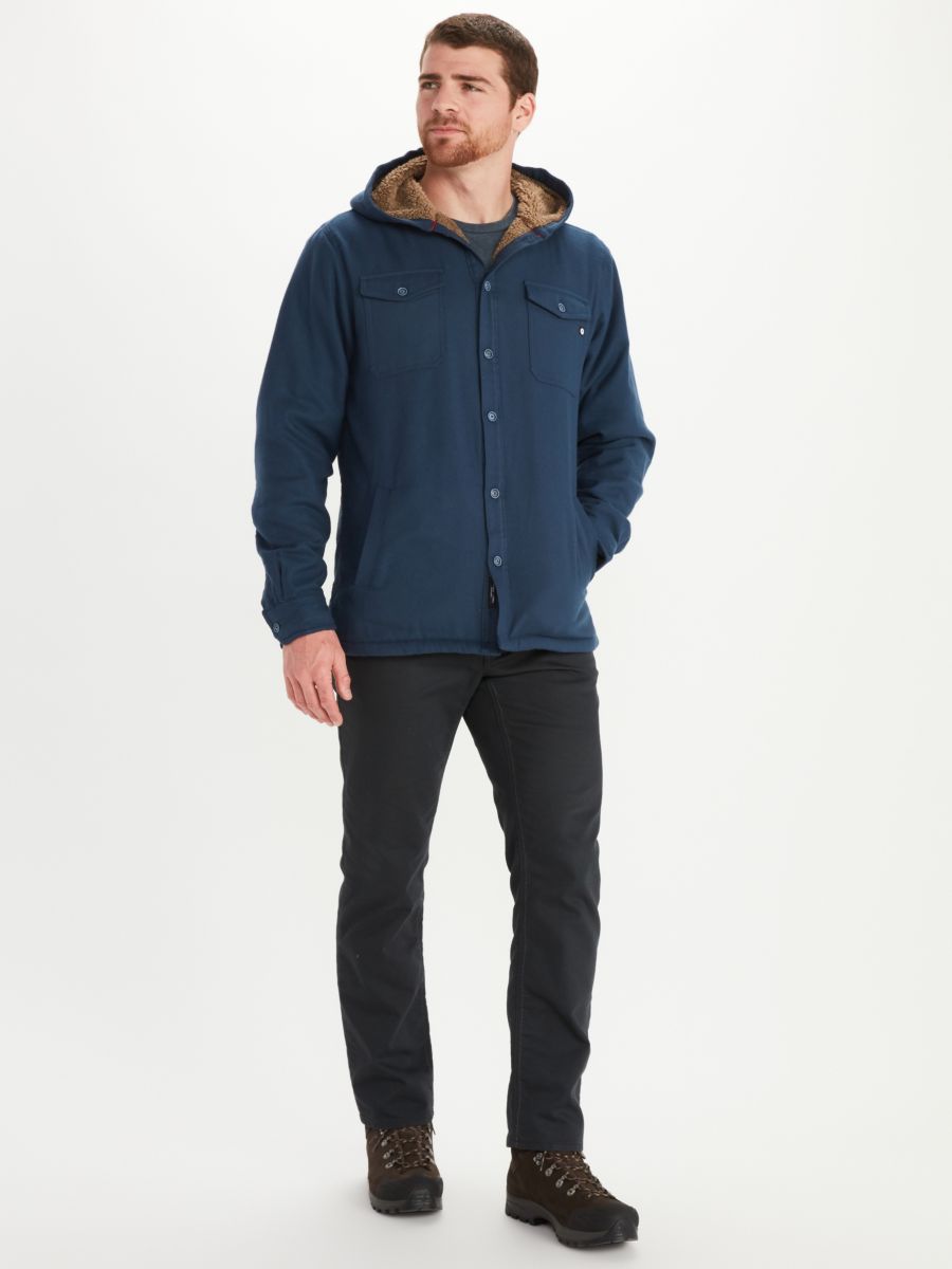 man modeling ridgefield sherpa lined flannel hoody in dark indigo
