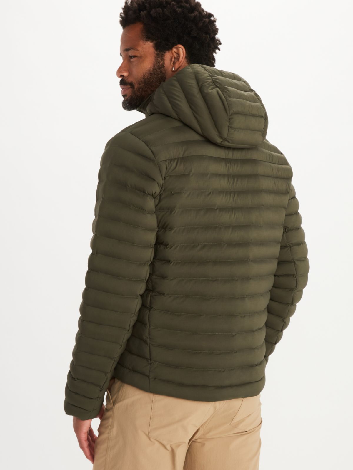 back of man modeling down jacket