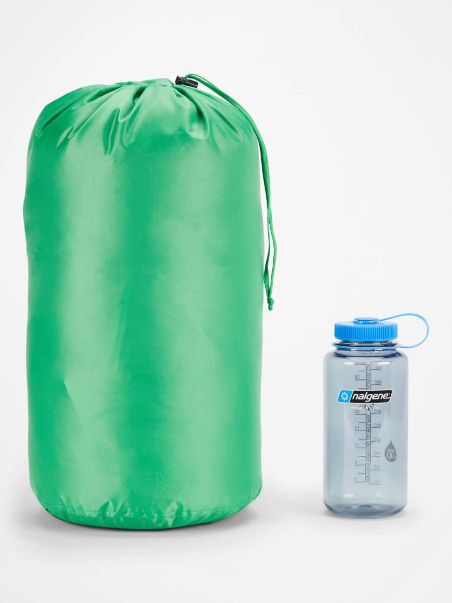 green sleeping bag compared to water bottle