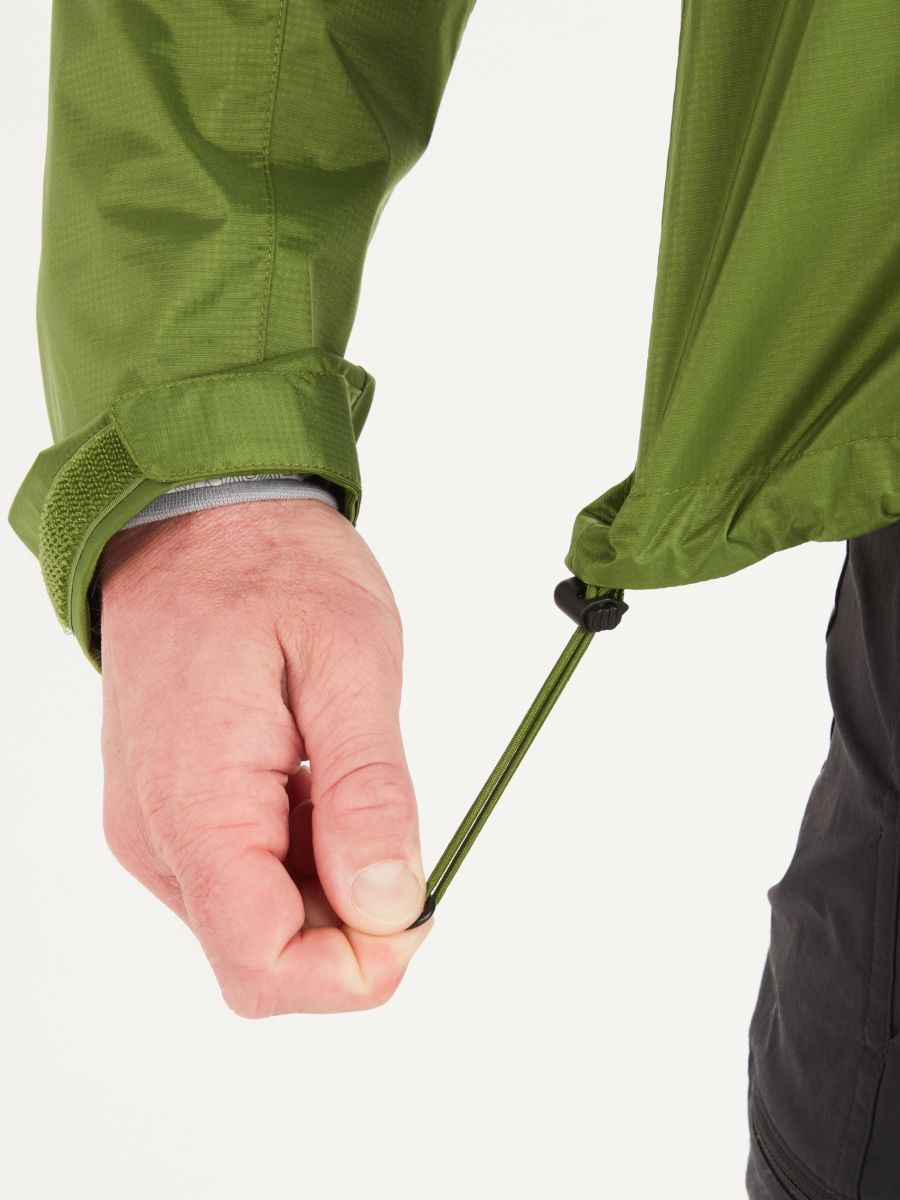hand demonstrating draw string on jacket