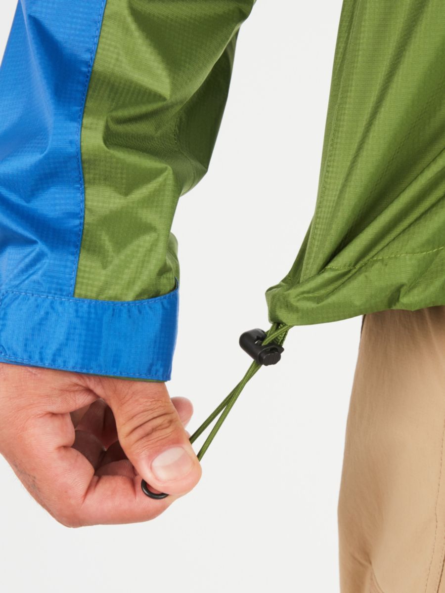hand demonstrating draw string on jacket