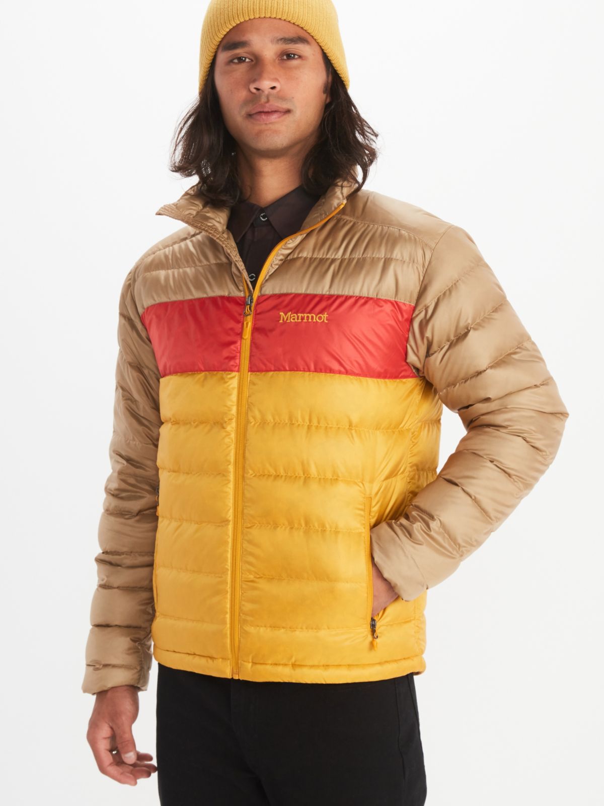 Man in tri-color puffer coat