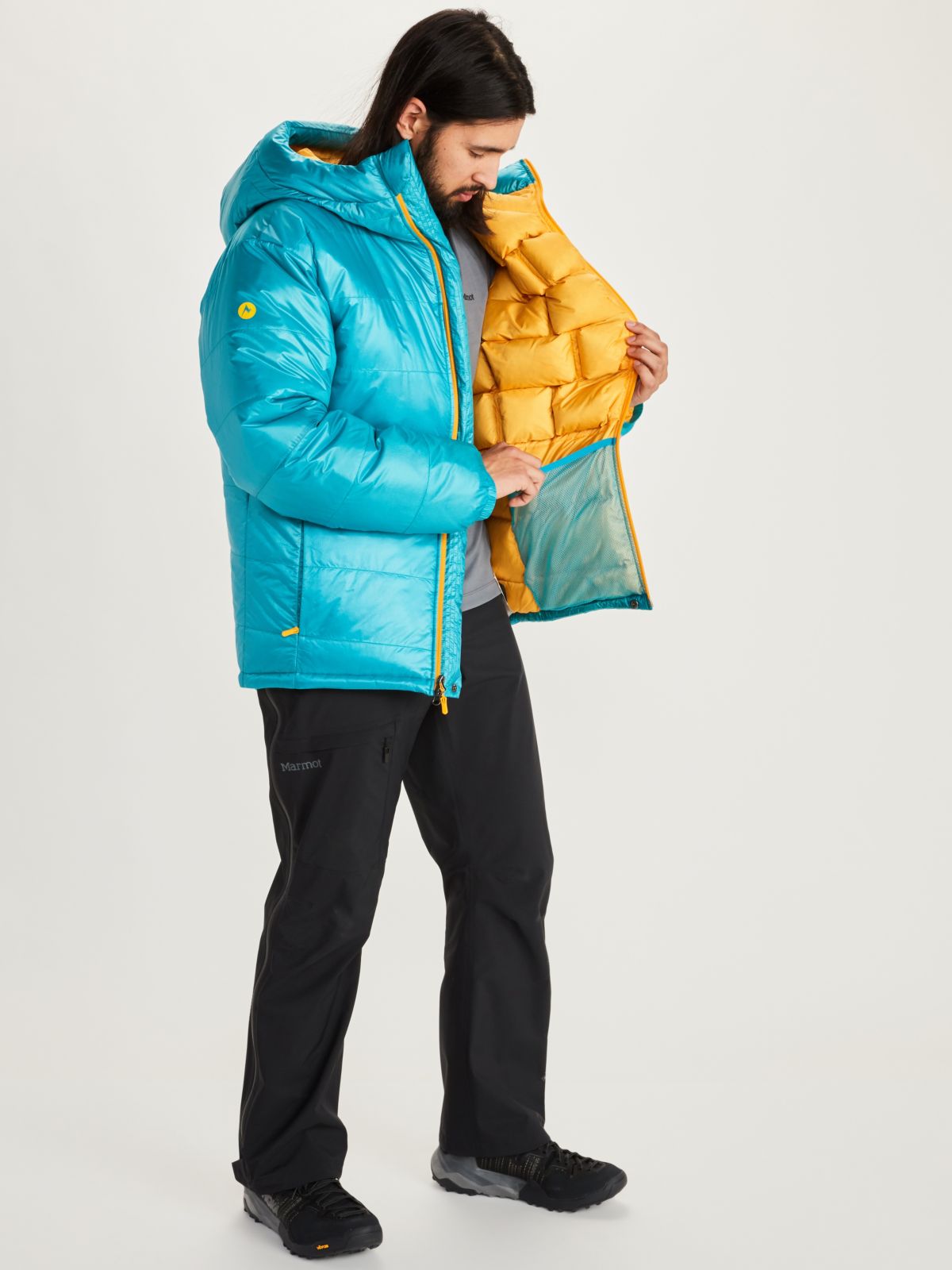 puffer jacket interior on male model side view