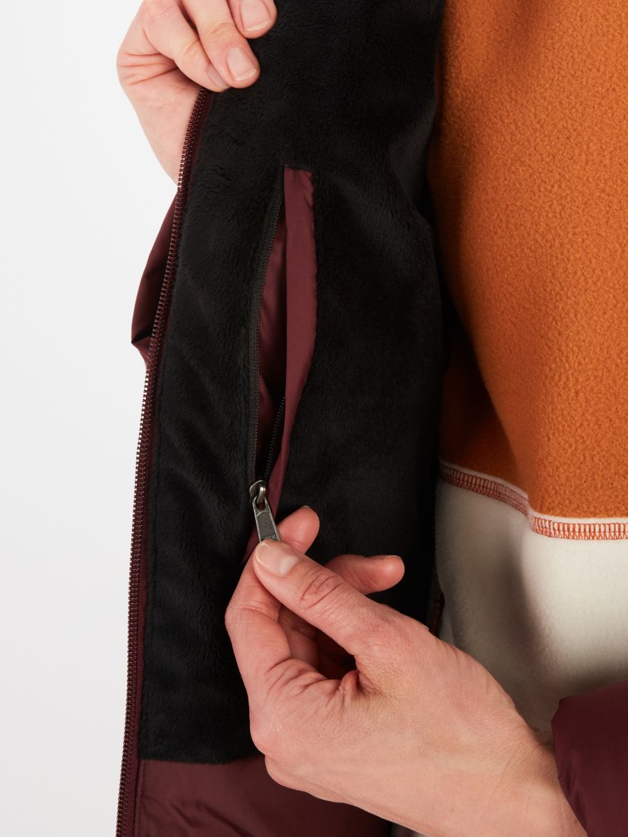 close up of zipper pocket inside women's waterproof rain jacket