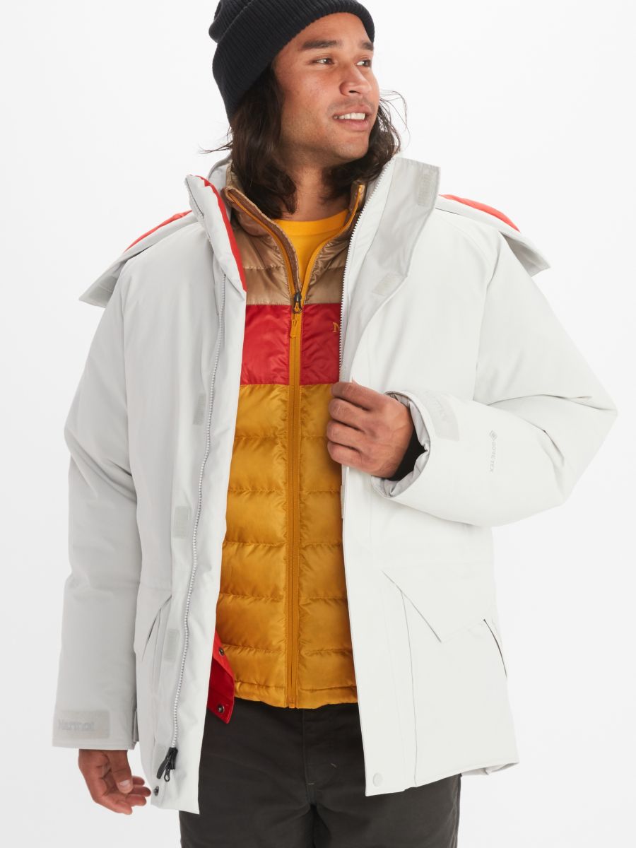 model wearing men's puffer jacket and snow coat