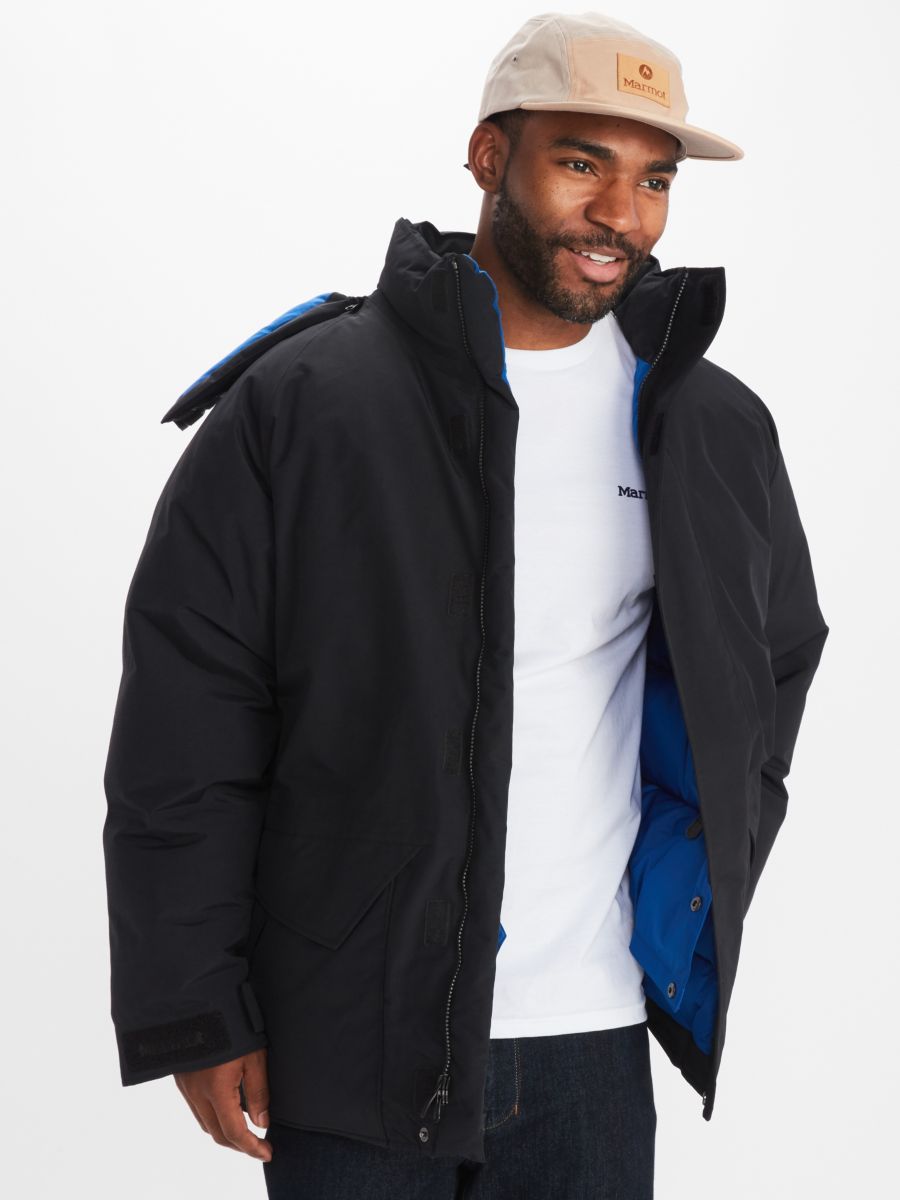 Model in Marmot men's jacket with detachable lining and hood