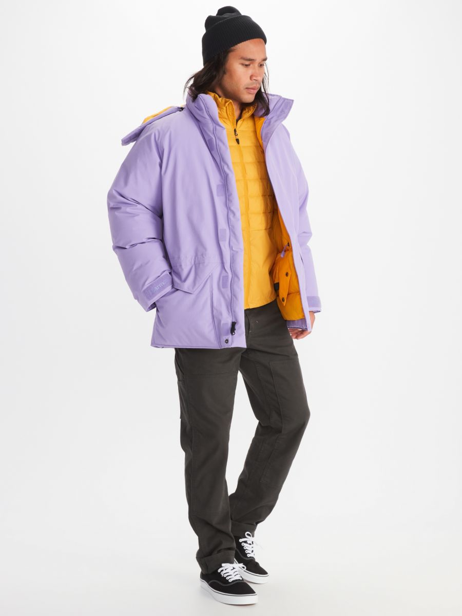 Model wearing Marmot men's lined insulated jacket in lilac with full zip closure