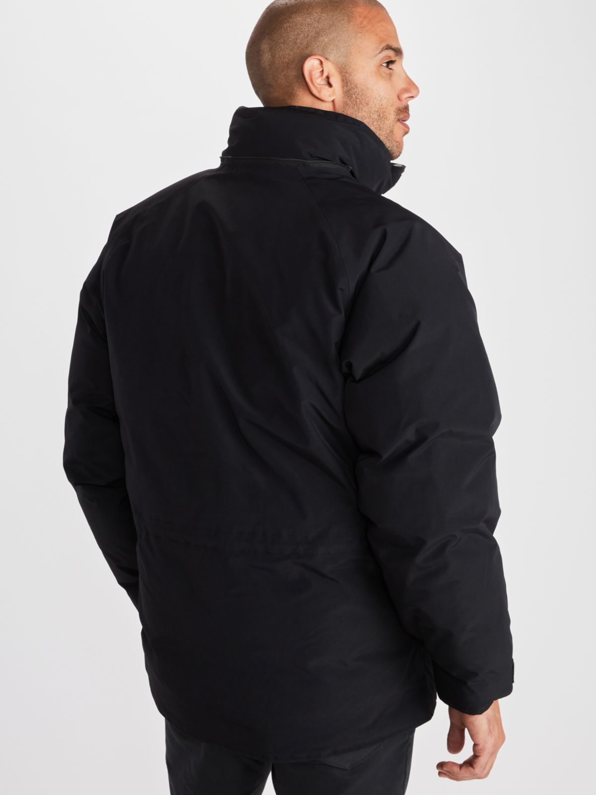 shot of jacket from behind worn by model