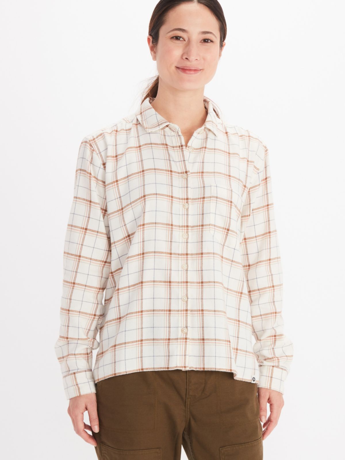 Model wearing Marmot women's long sleeve plaid shirt