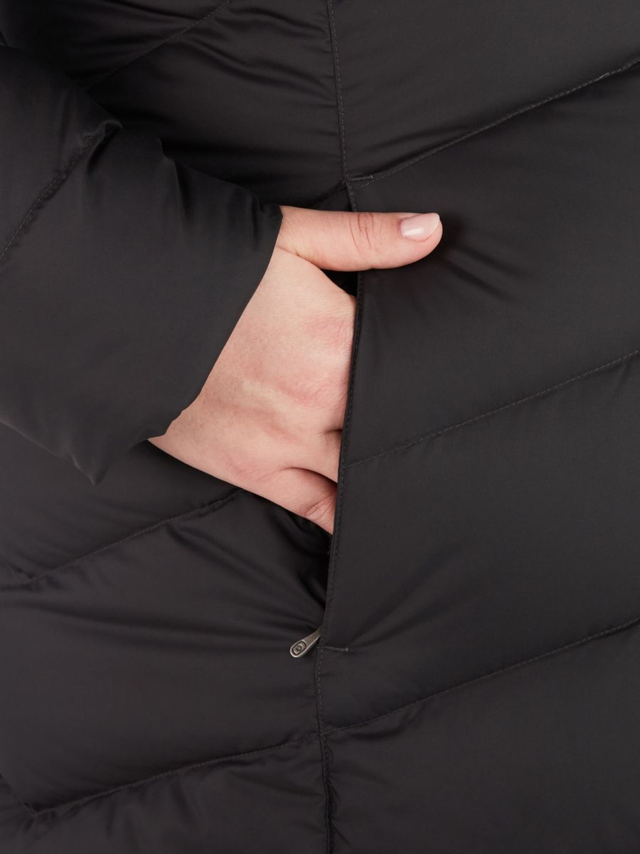 close up of pocket on black puffer jacket