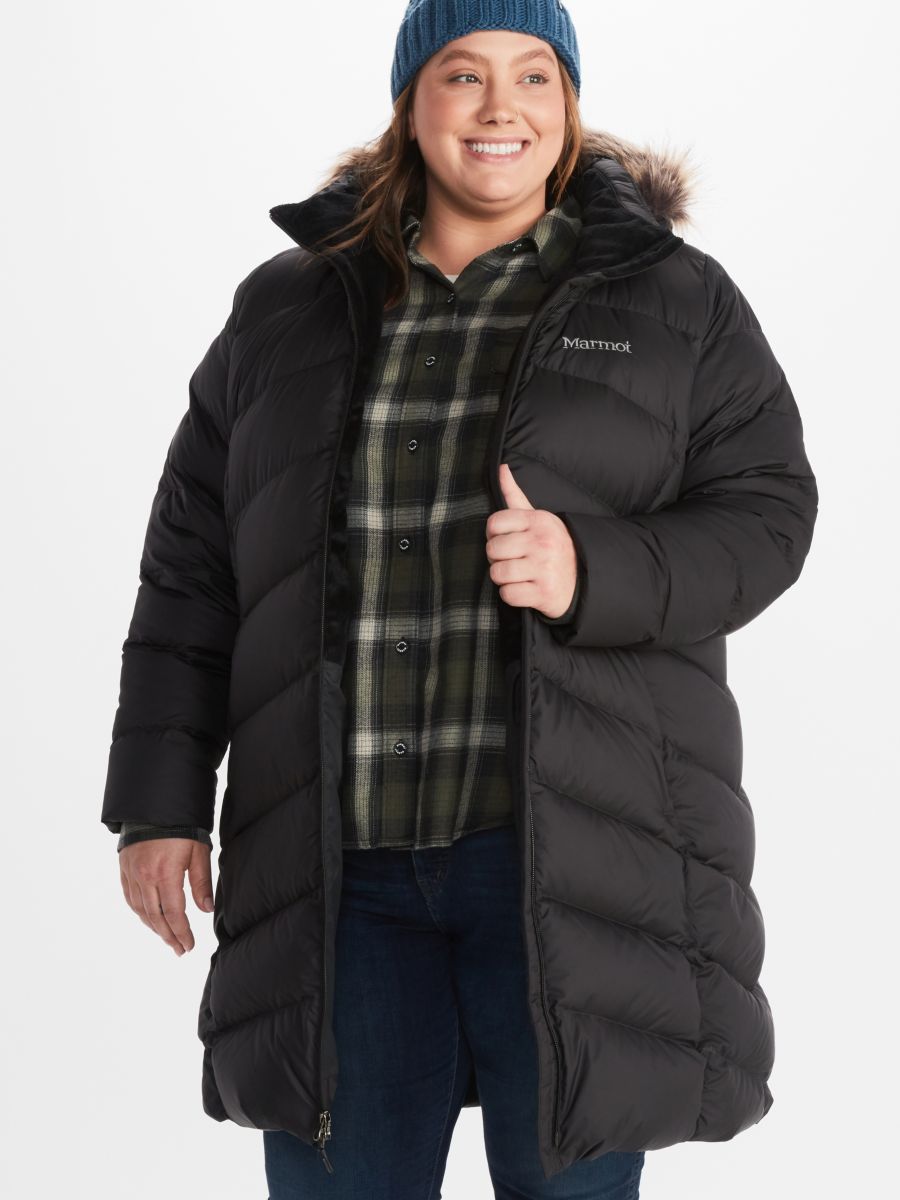 front of unzipped black puffer jacket with hood