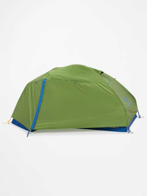 Marmot tent with green rain fly zipped up