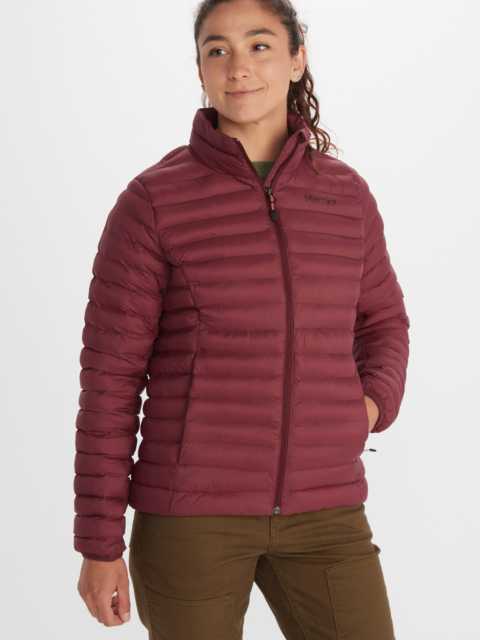 front view red womens puffer jacket