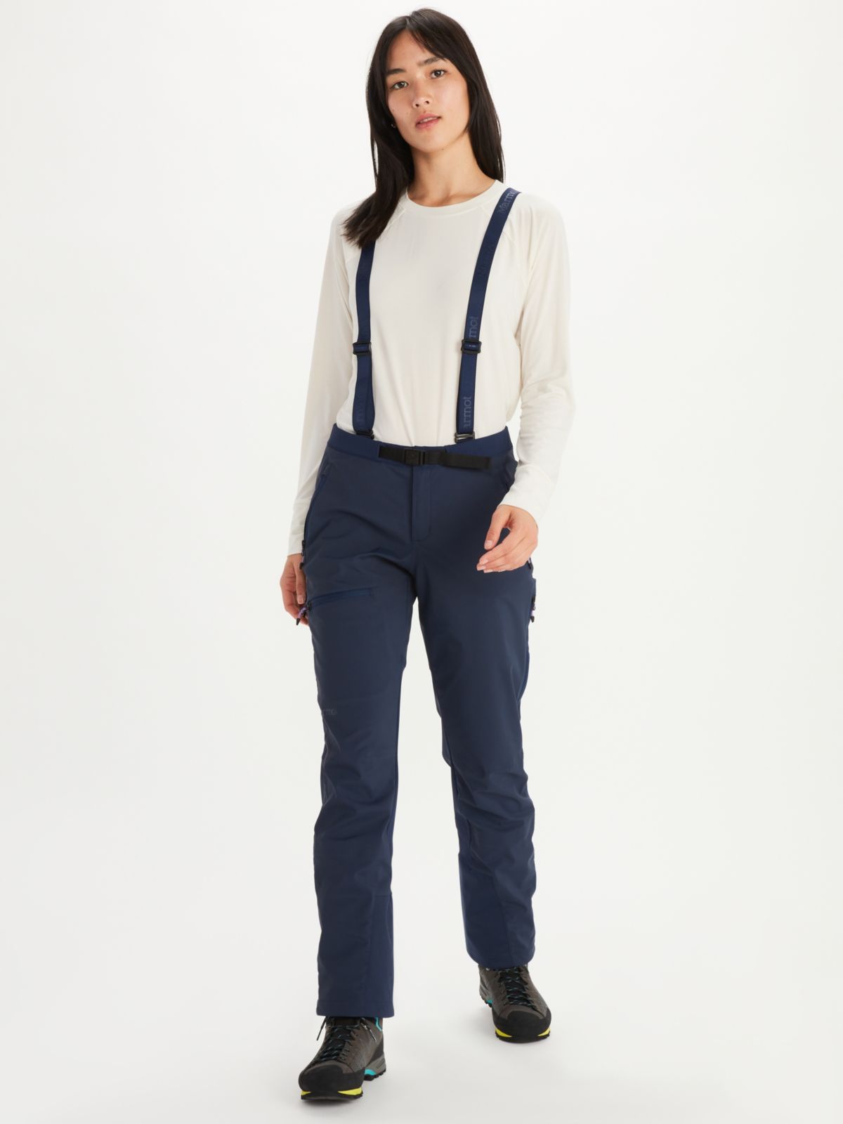 female model wearing snow pants with overalls