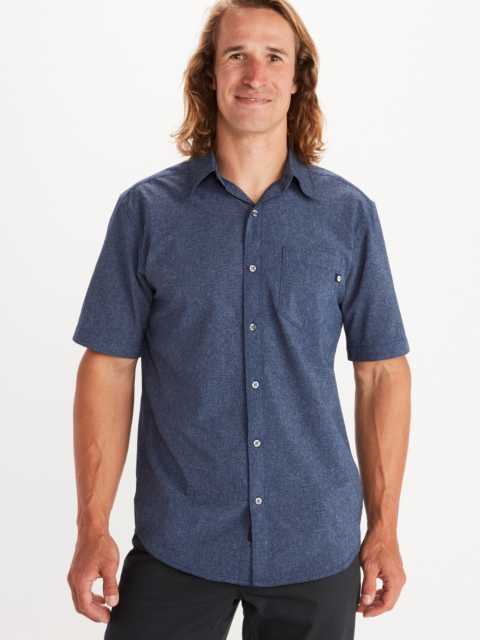 men's short sleeve button up shirt on man