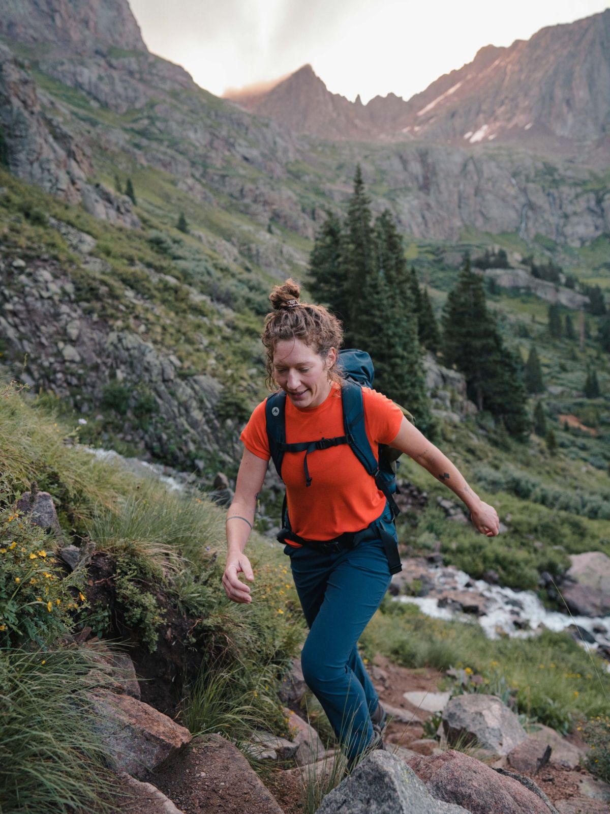 assorted camping gear being worn
