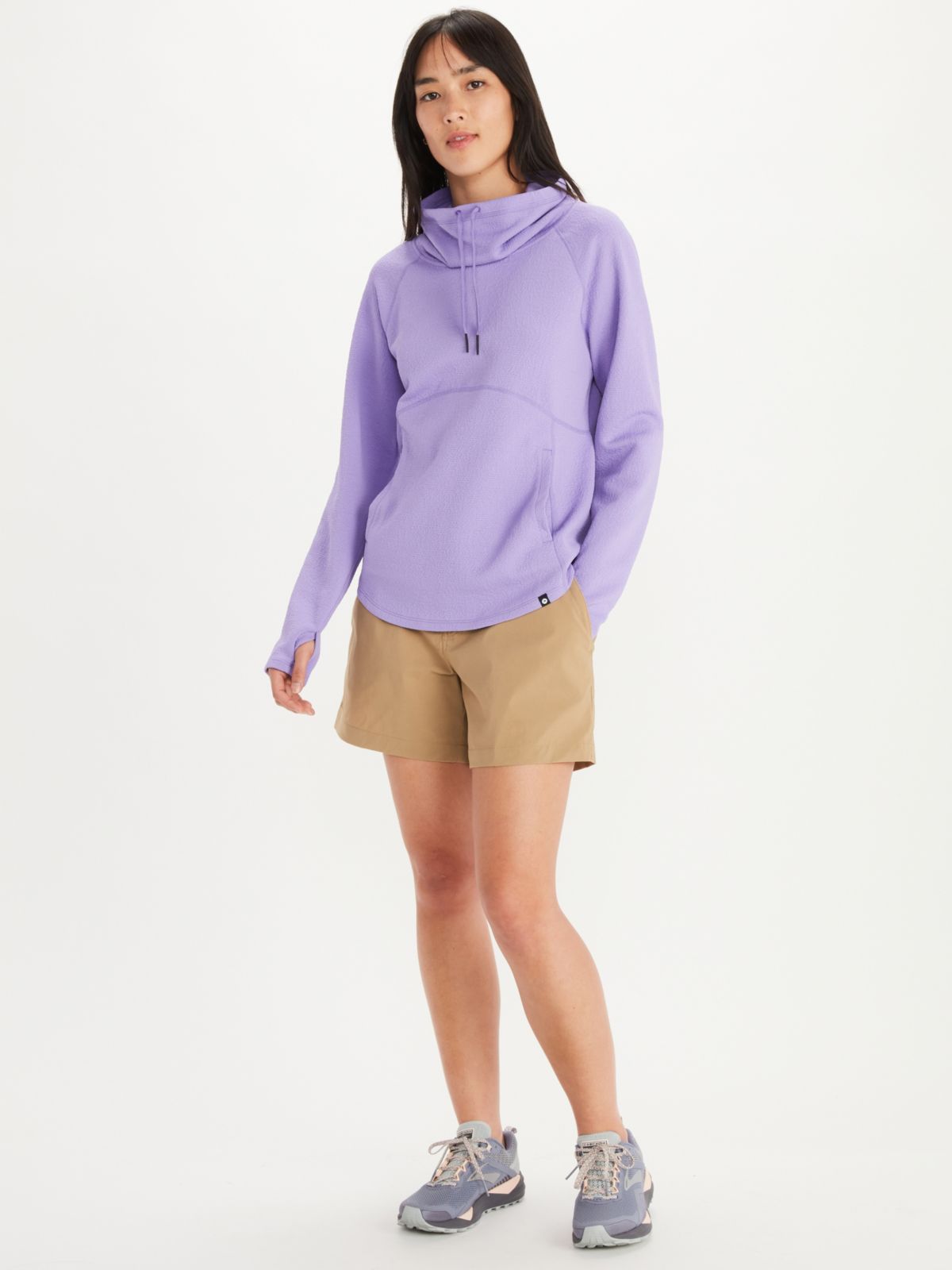 women's pullover hoodie and women's shorts on woman