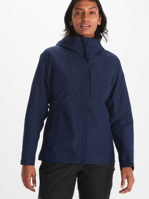 Model wearing full zip Marmot women's hooded jacket in blue