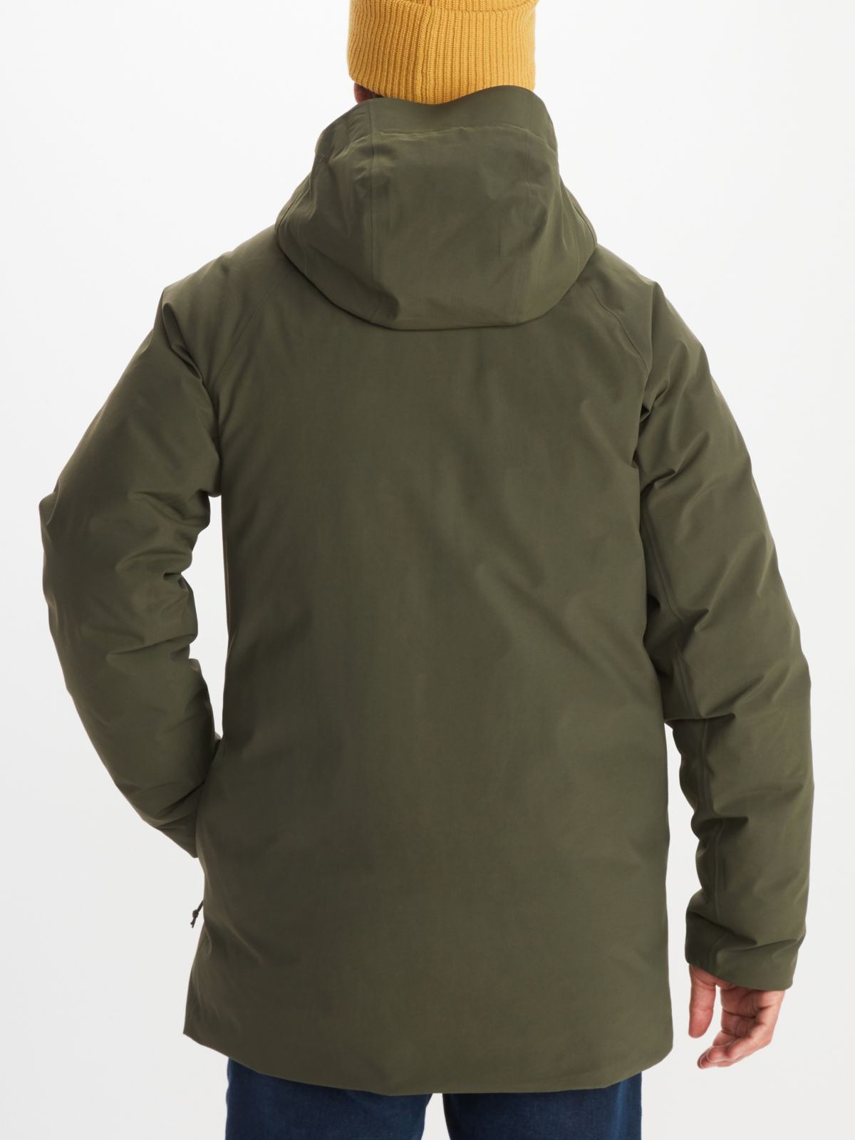 Model wearing Marmot men's hooded jacket in green