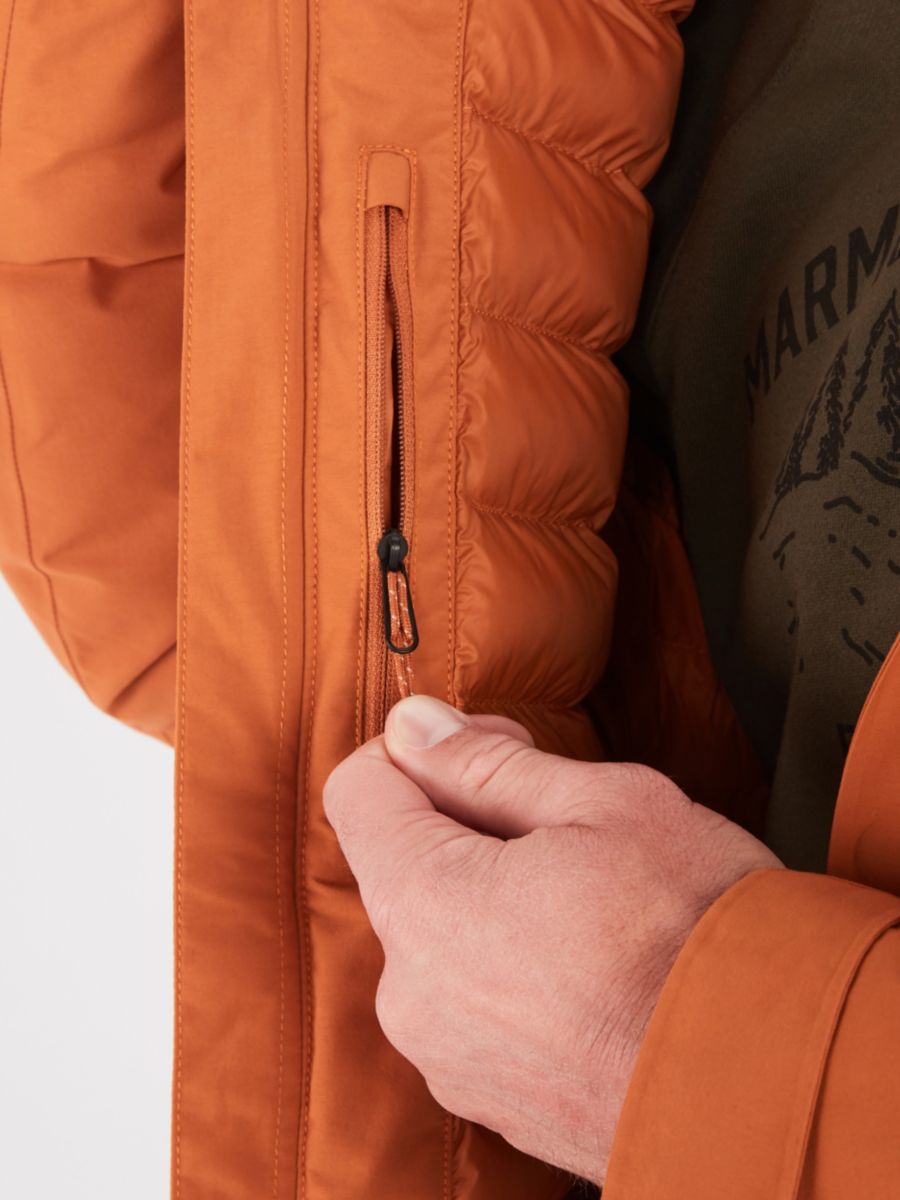 man pulling inside pocket zipper on men's coat
