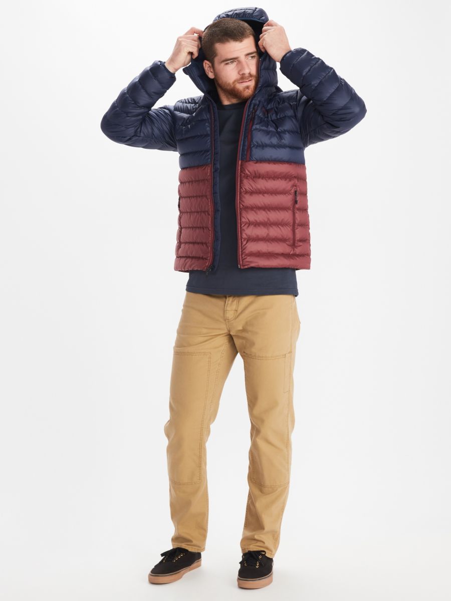 model wearing men's puffer jacket and cargo pants