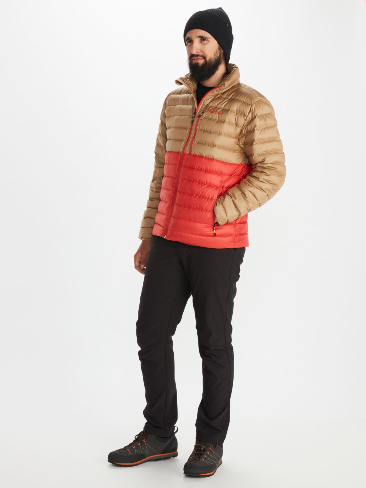 model wearing red and tan mens puffer jacket