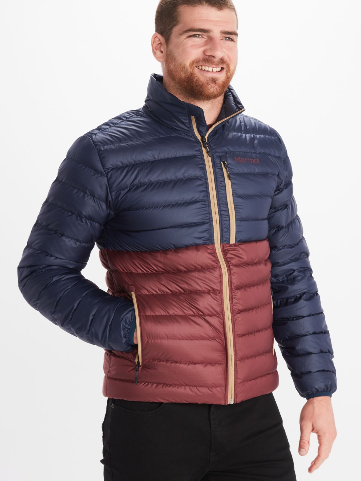 mens featherless down jacket worn by model