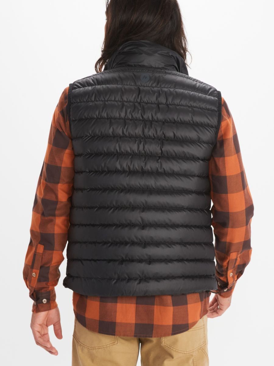 featherless down vest worn by male model