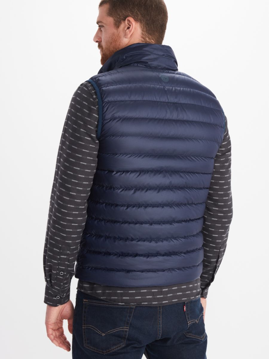 featherless down vest worn by male model