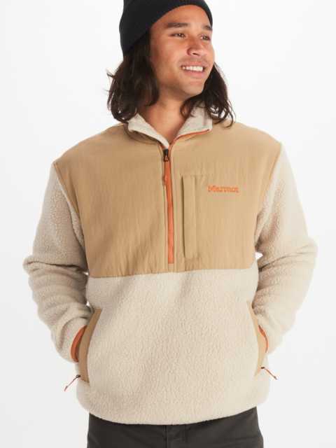 model wearing men's half zip fleece jacket