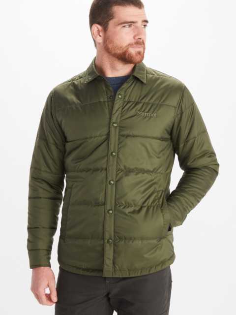 Model in Marmot men's snap front quilted jacket with collar