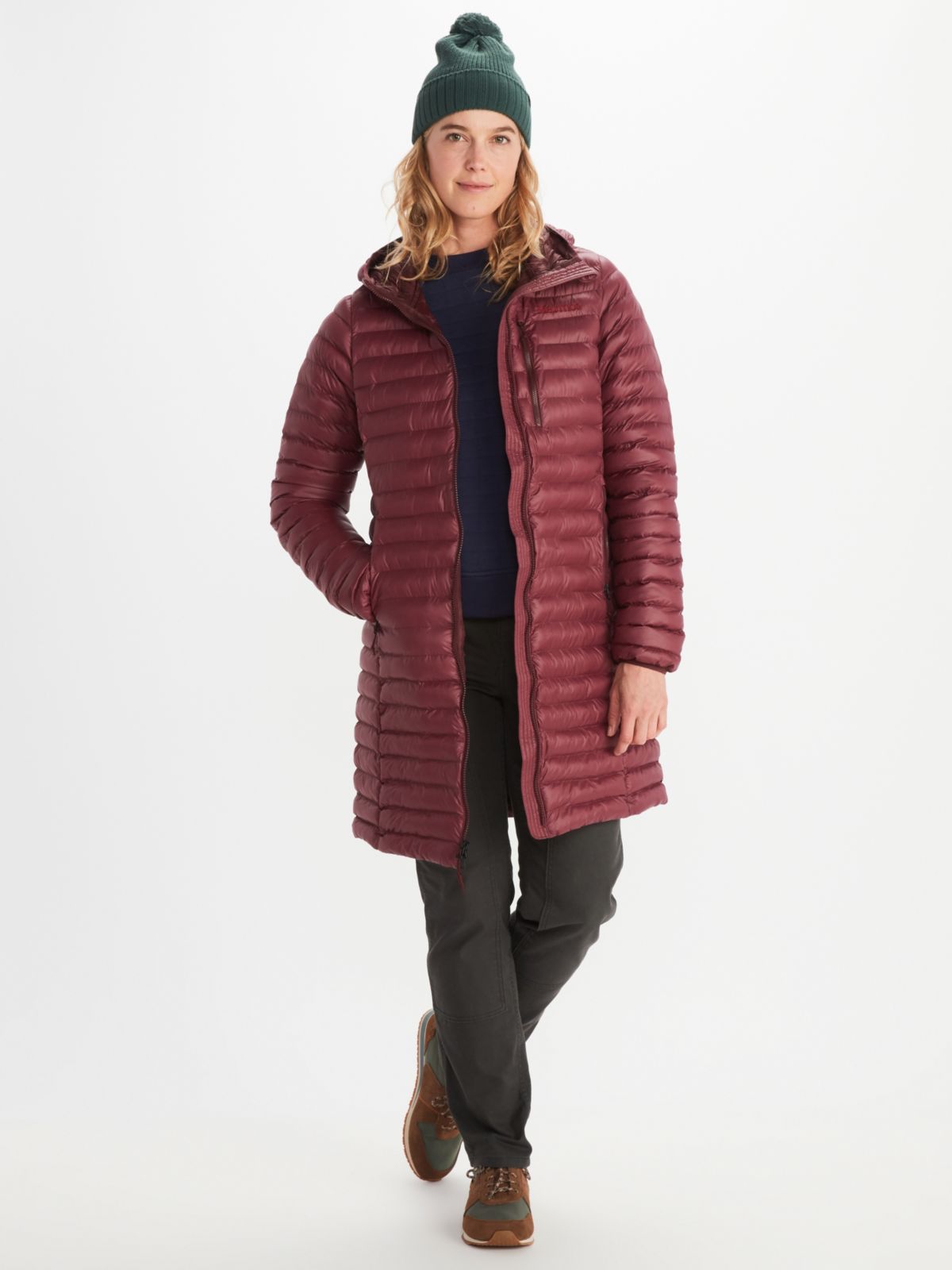 female model wearing assorted outdoor clothing for colder weather