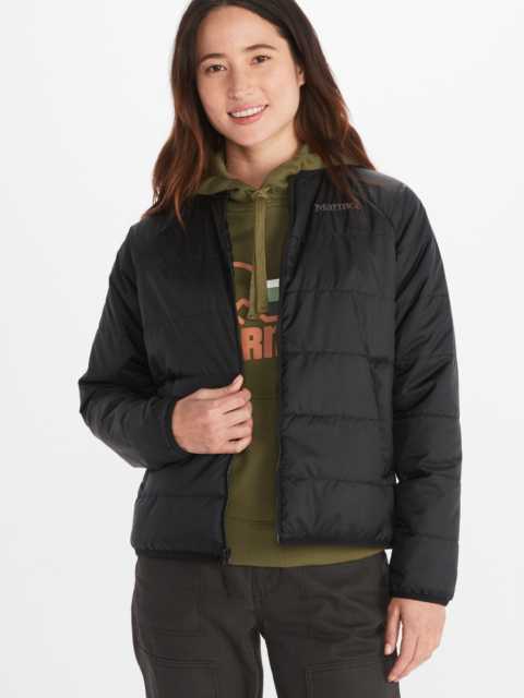 Model wearing Marmot women's full zip insulated jacket in black