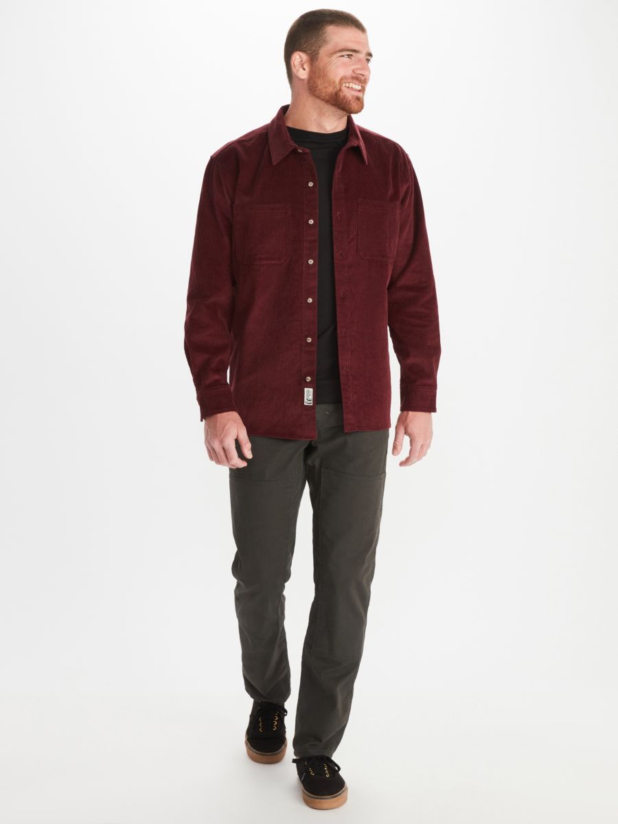 Model wearing Marmot men's long sleeve button front shirt in maroon