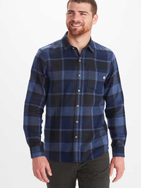 front view of marmot mens blue flannel