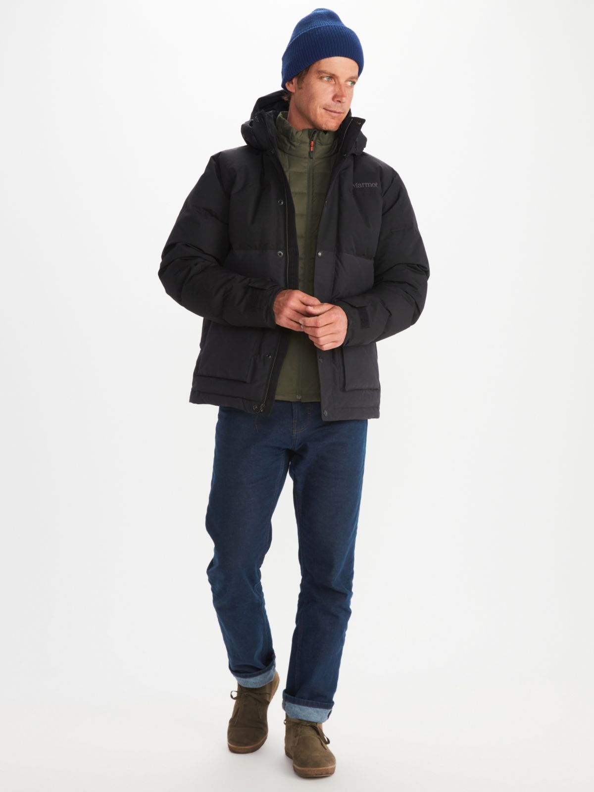 model wearing men's jacket, puffer coat and, beanie