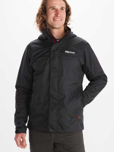 softshell rain jacket with hood on man, front view