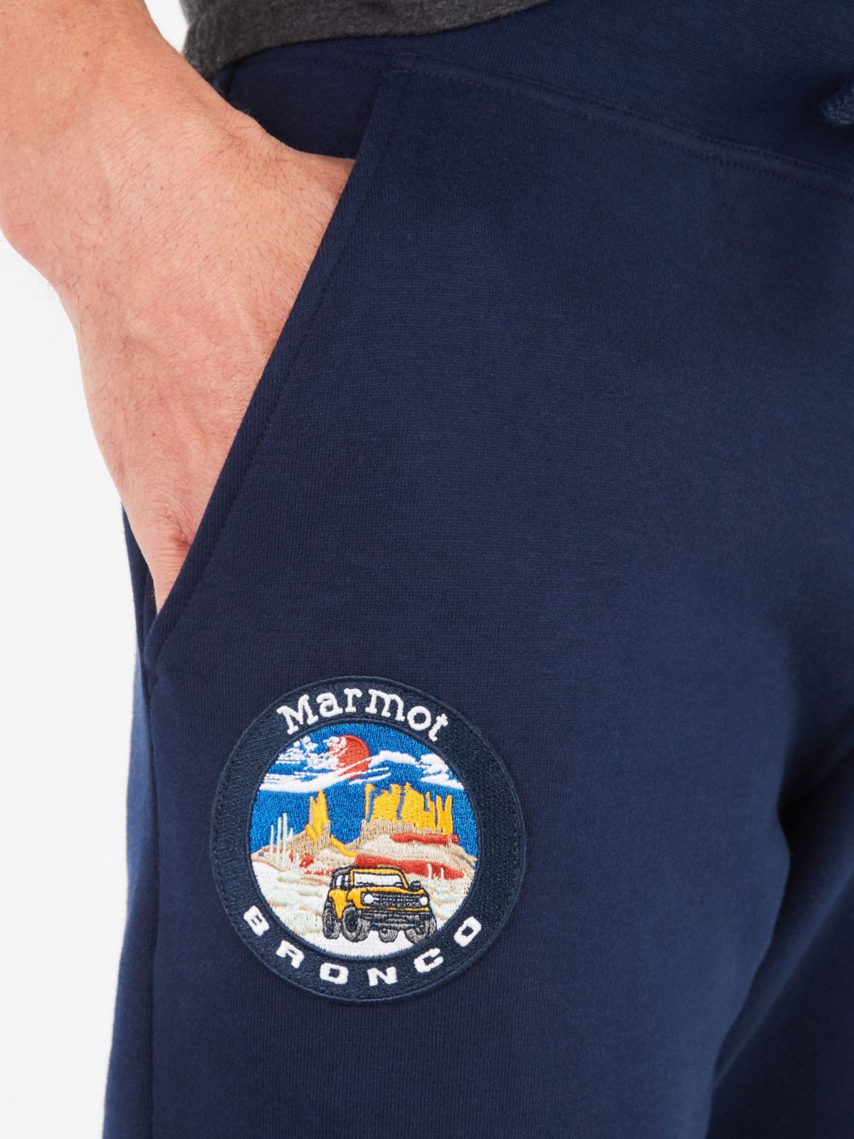 brand logo on pants close up