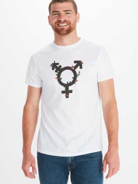 person modeling shirt with transgender symbol on it